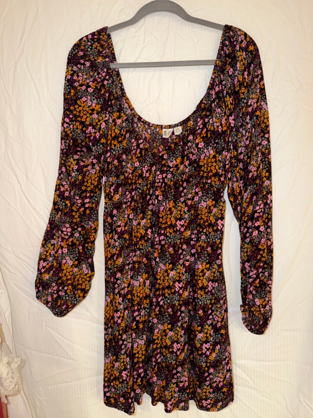 Roxy Black Long-Sleeve Floral Mini Dress with Pink and Yellow Flowers